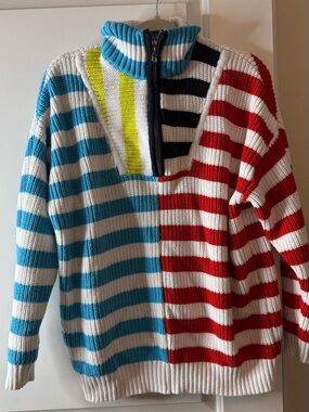STAUD Striped Half-Zip Turtleneck Sweater in Blue, Red, White & Neon Yellow